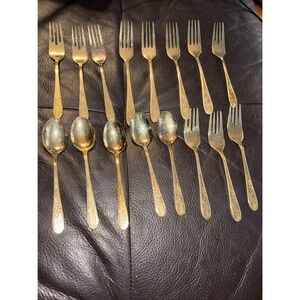 Rogers Gold Tone Flatware‎ Set 16 Pieces Floral Rose Pattern Stainless China